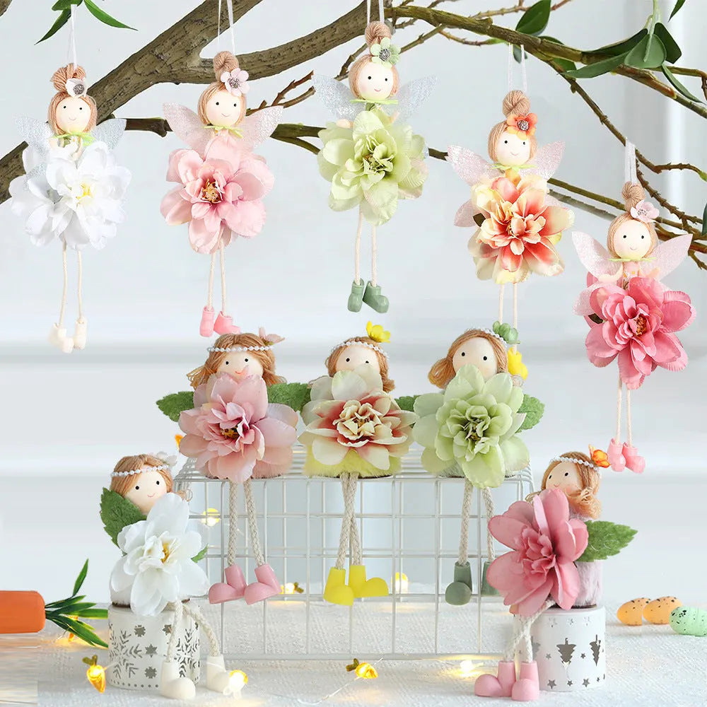 FARCENT cloth flower angel girl elf pendant for Easter decoration in pink, green, or yellow.
