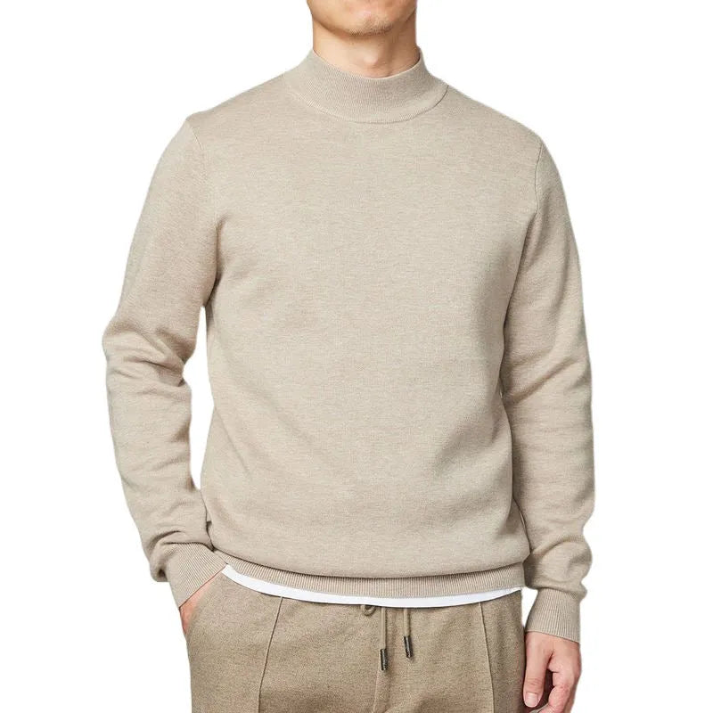 Men's mock neck sweater in vinylon fabric, loose fit, long sleeves, autumn winter basic style in camel colour