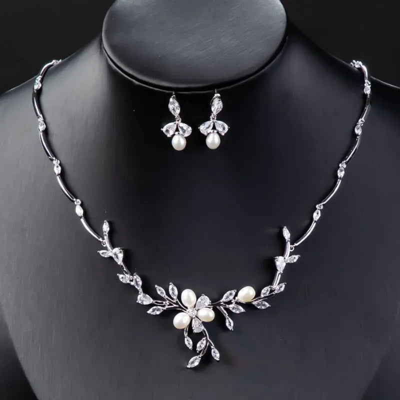 Sweet Pearl Zircon ear stud and necklace jewellery suit in copper alloy with electroplated finish