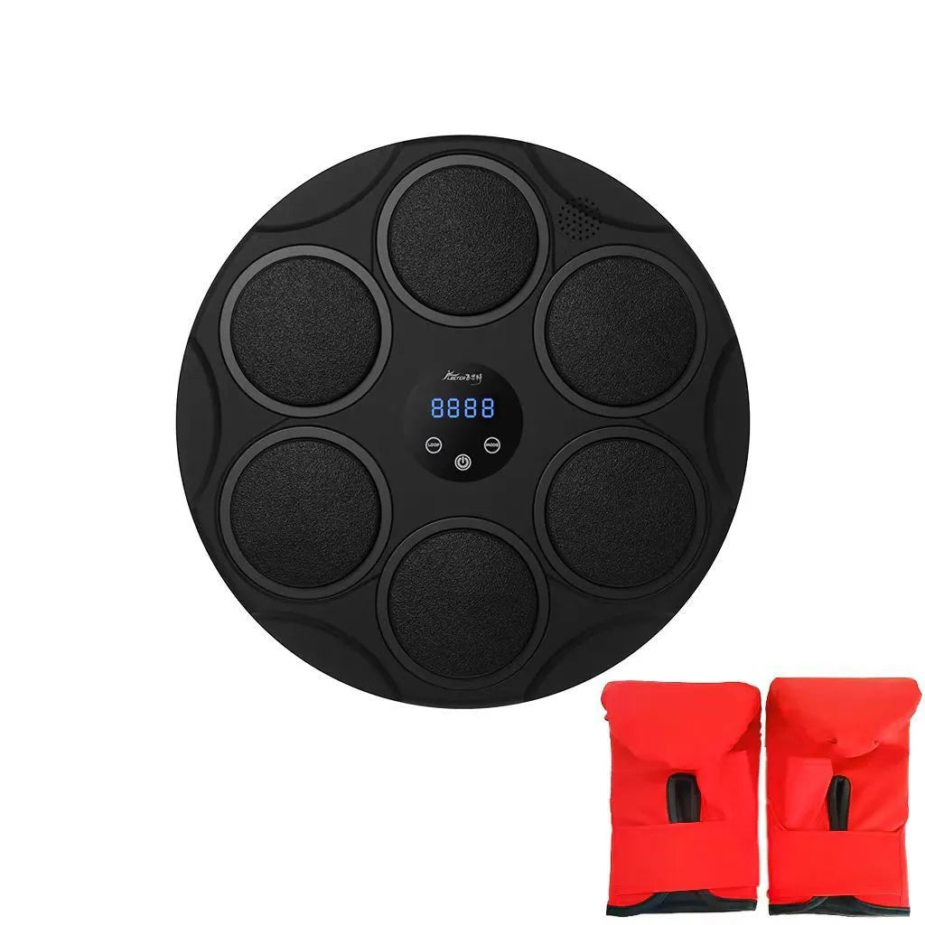 Black Bluetooth boxing target with coloured LED lights hanging on wall for fitness training