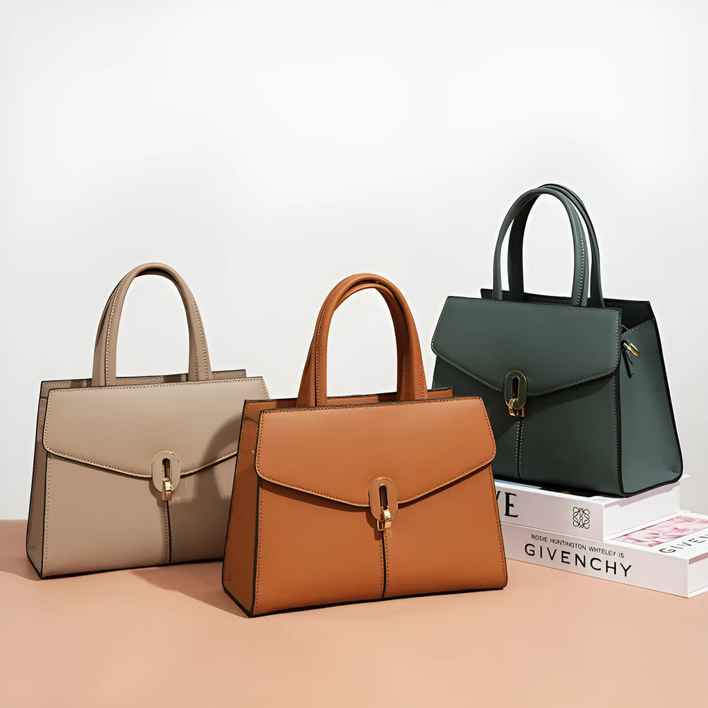 Genuine leather box handbag with litchi pattern and lock detail in brown
