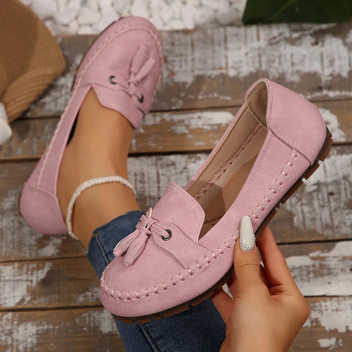 Women's round head loafers non-slip flats low heel artificial PU TPR sole available in multiple colours