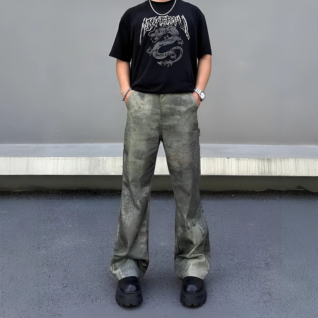 Men's retro digital camouflage denim jeans with straight leg cut and mid waist design