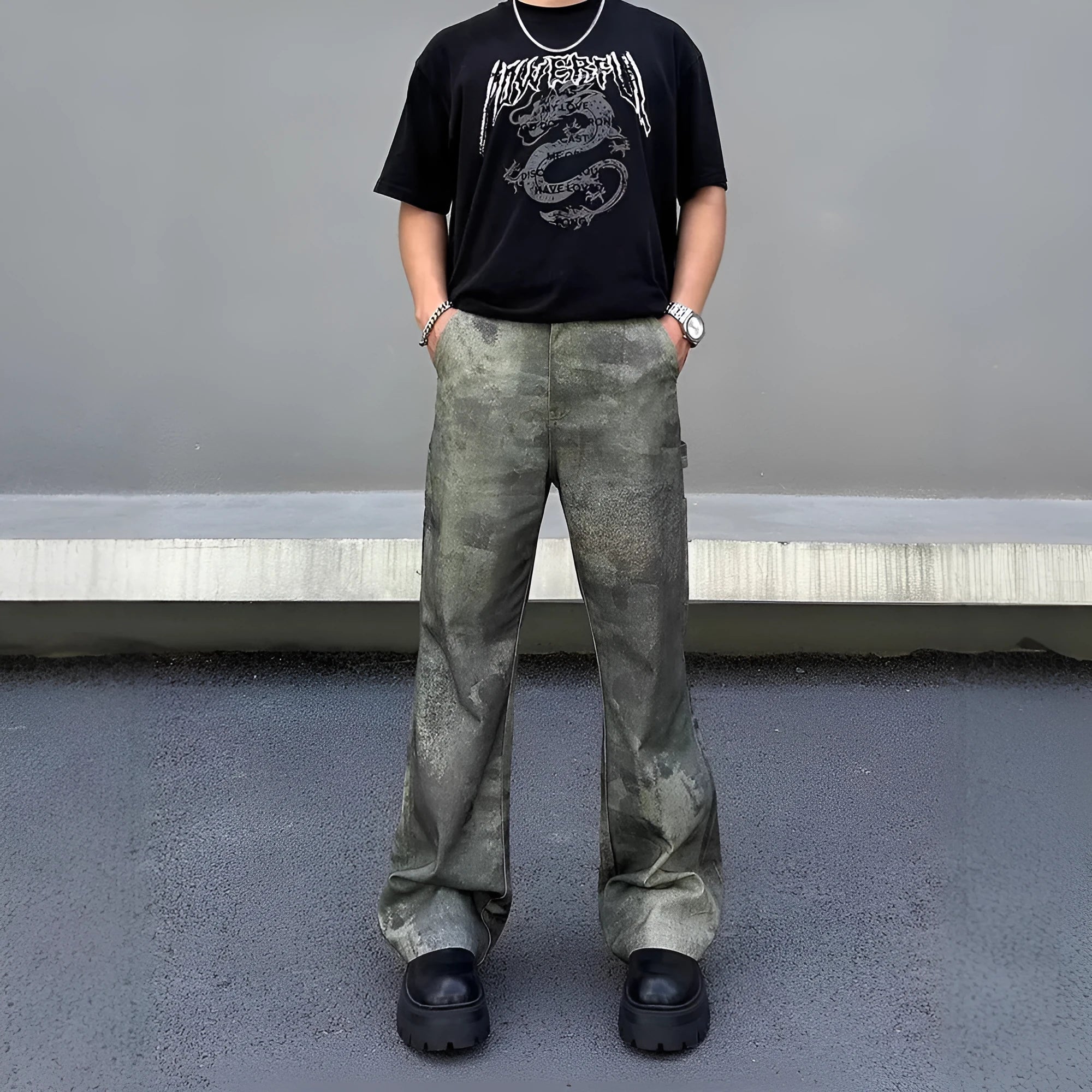 Men's retro digital camouflage denim jeans with straight leg cut and mid waist design