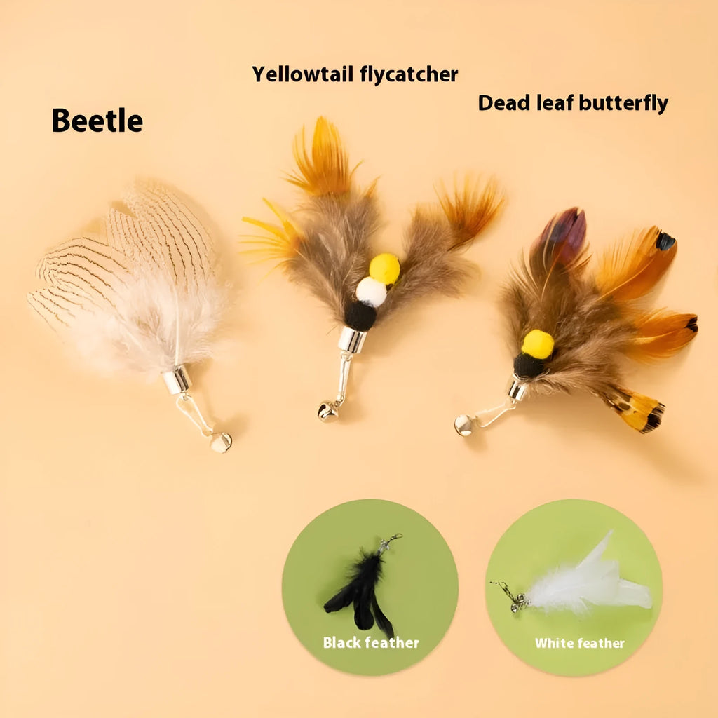 Three steel wire cat toy replacement heads with colourful small flying insect designs on scratch-resistant bases