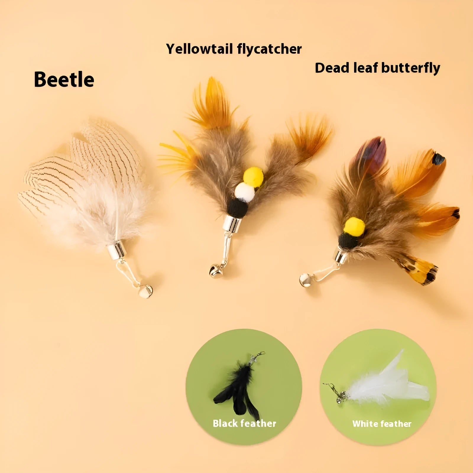 Three steel wire cat toy replacement heads with colourful small flying insect designs on scratch-resistant bases