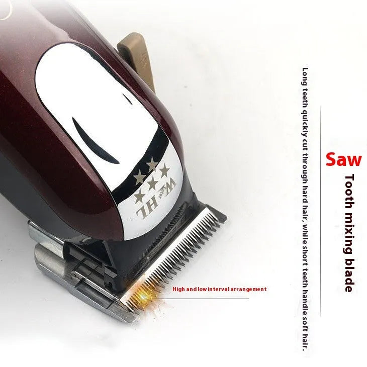 Cordless hair clipper set with stainless steel cutter head, shown with EU, UK, and US plug options.