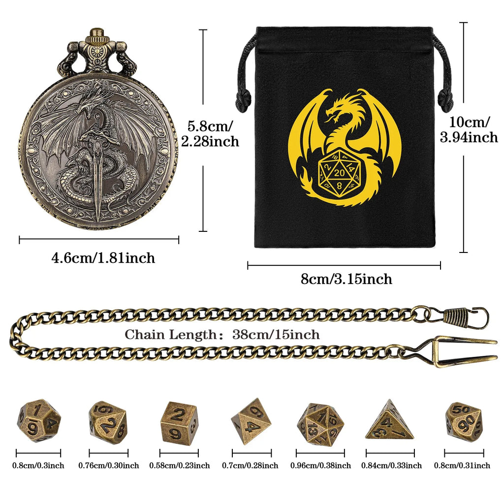 Zinc alloy DND dice storage case with winged beast and sword relief in bronze finish