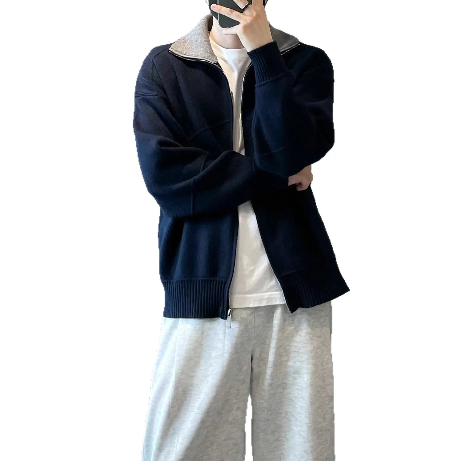 Barne style men's knitted cardigan sweater in apricot with contrast colour panels, loose fit, long sleeves, autumn casual wear