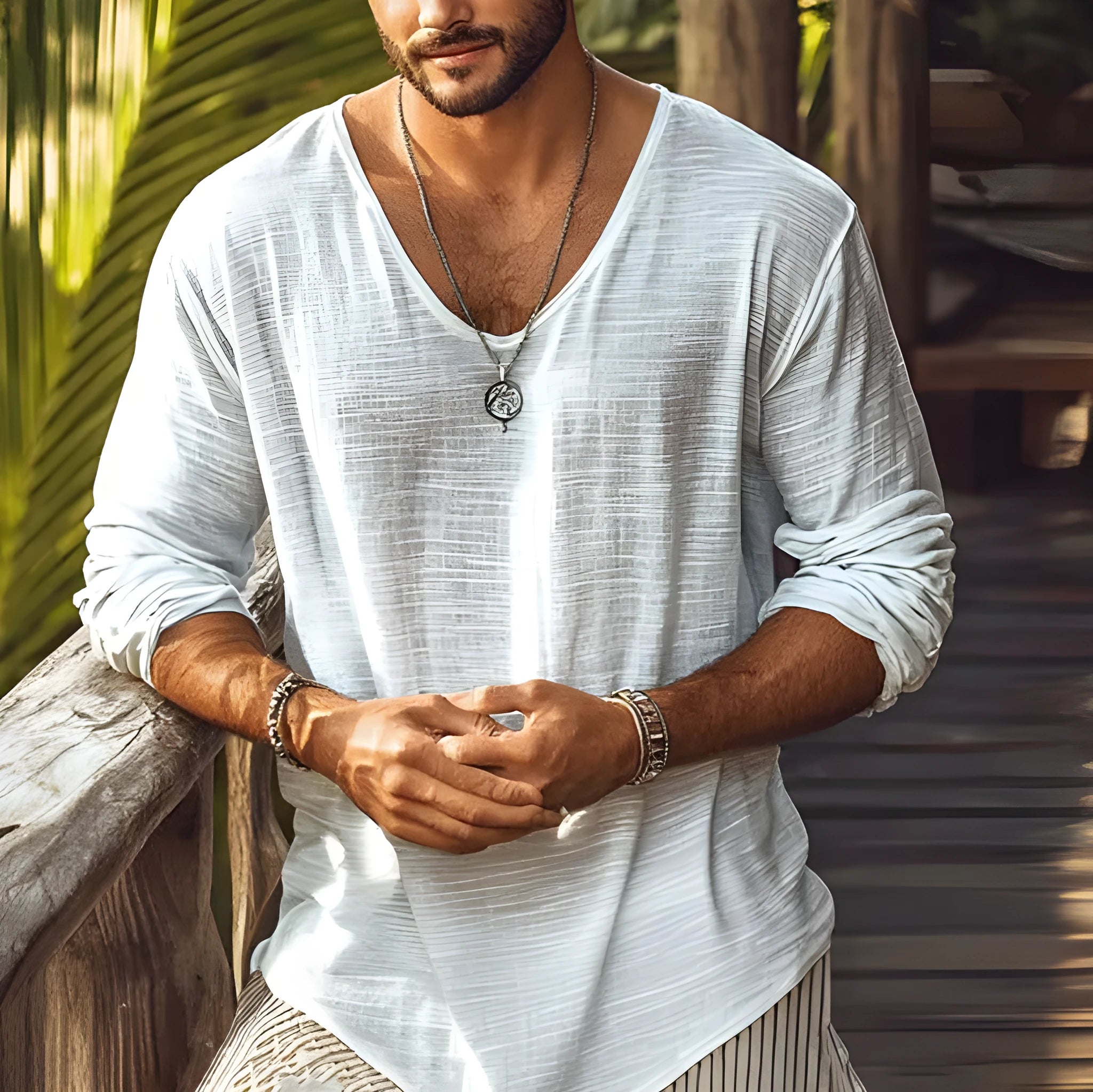 Beige long-sleeved V-neck t-shirt in slim fit made from hemp blend fabric.