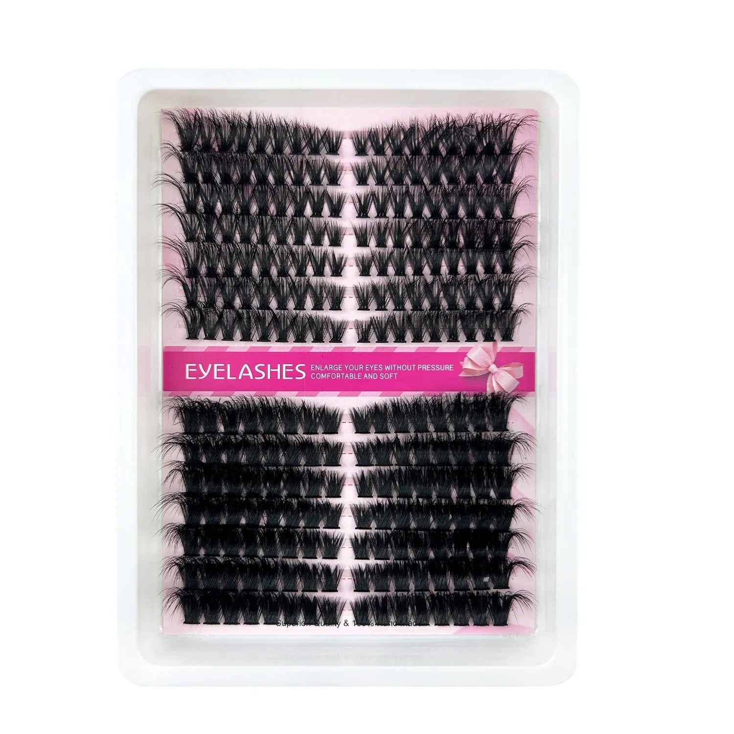 False eyelash storage box with mixed eyelashes inside, showing dimensions of 13.7cm by 13.5cm