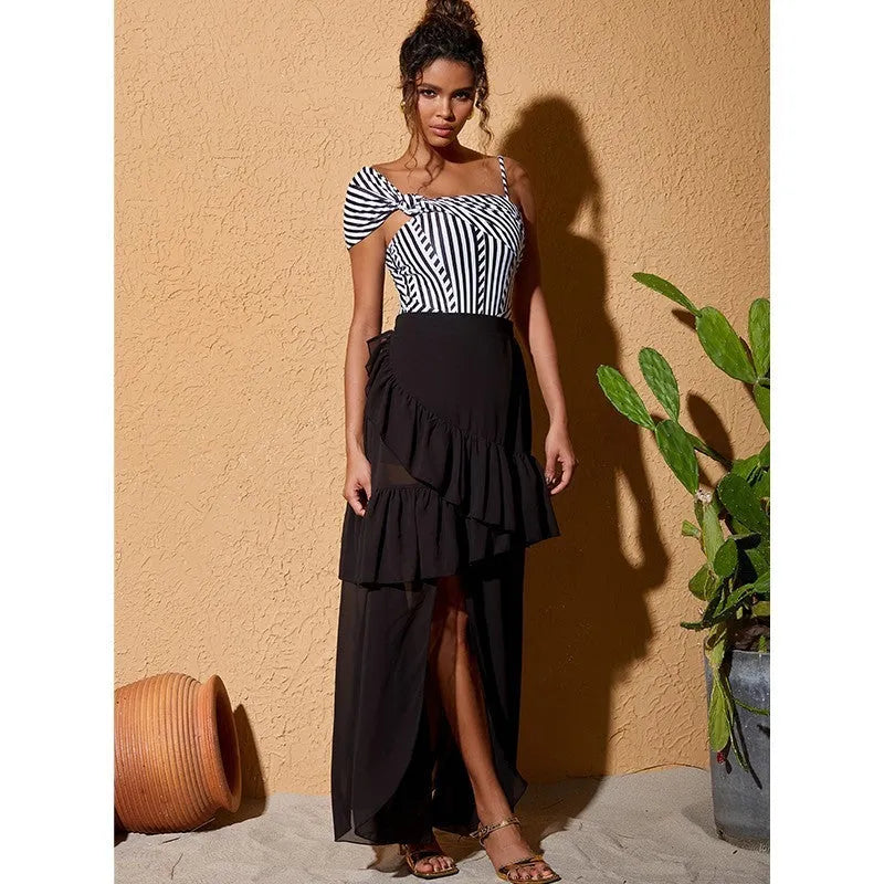 Women's striped one-piece swimsuit with ruffles in Y227 colour options.