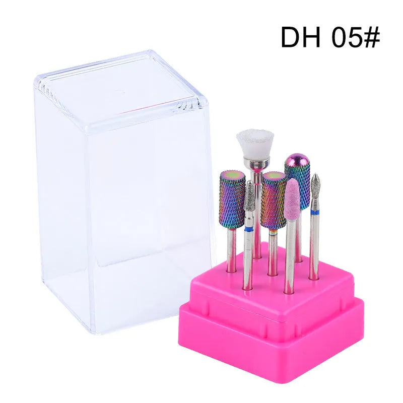 Tungsten steel nail drill polishing head set with 7 bits and a brush in a transparent case.