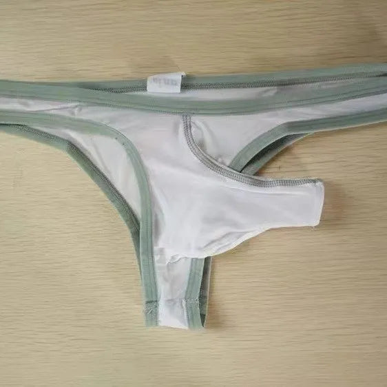 Men's ice silk underwear briefs in army green colour showing elephant nose front design on a white background.