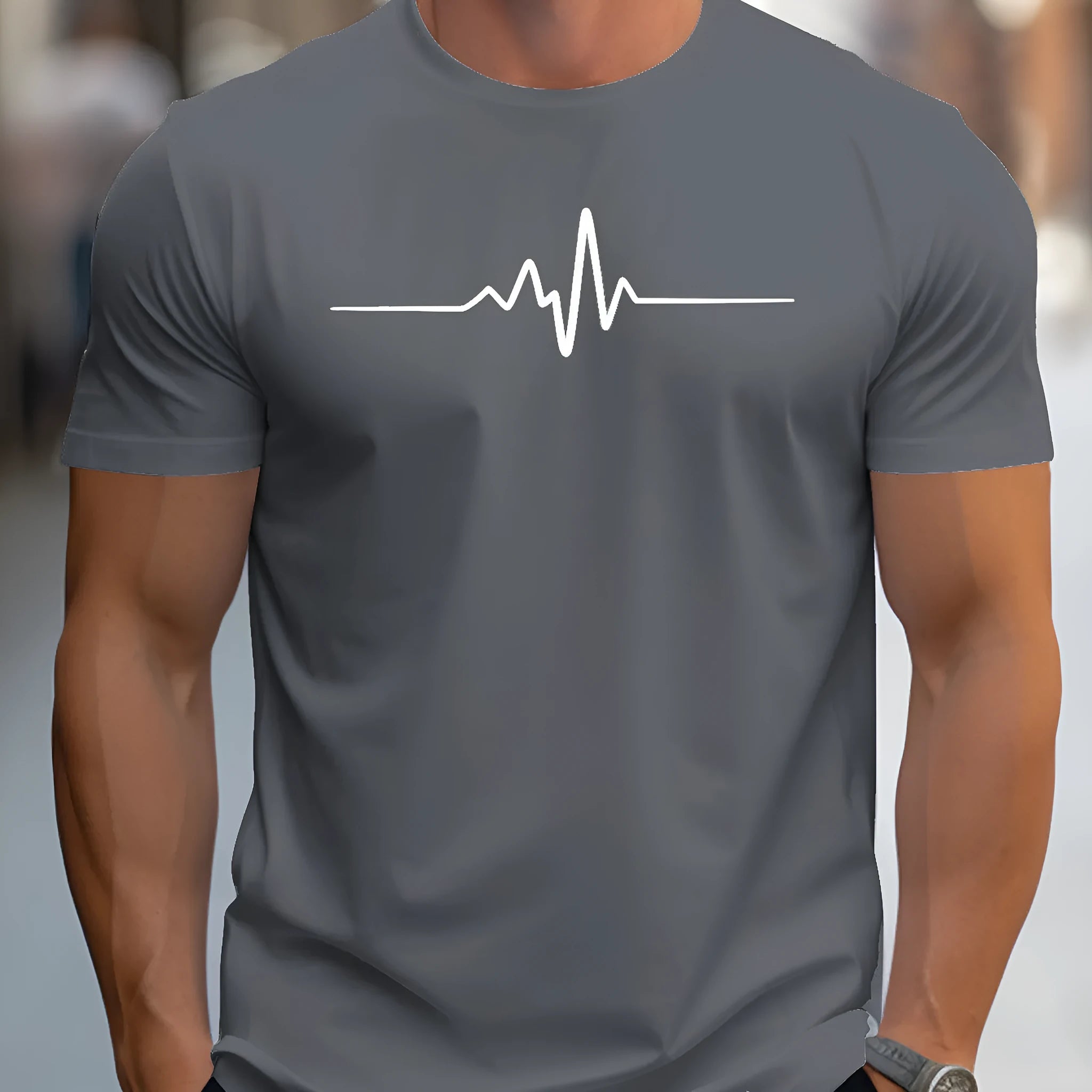 Men's loose fit grey t-shirt with a white 3D letter pattern on the chest, short sleeves.