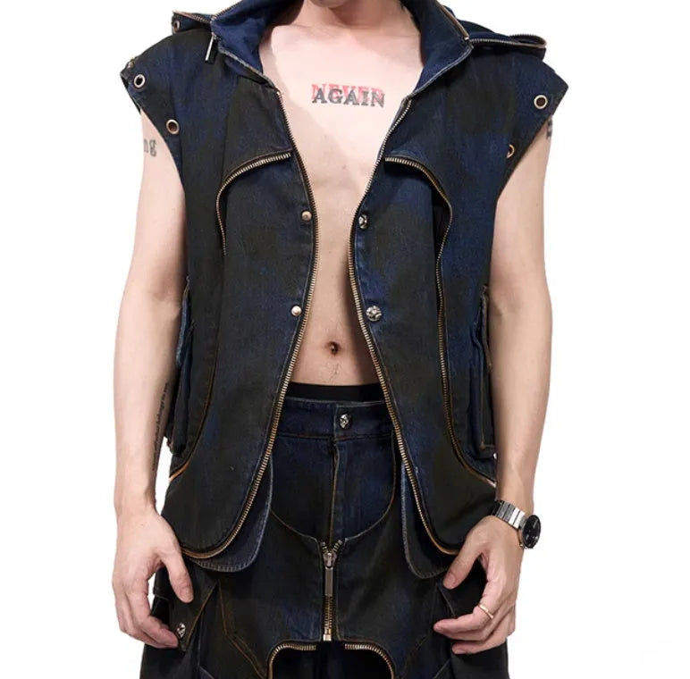 Blue hooded denim vest coat and matching trousers laid flat, showing zip front and Korean style design