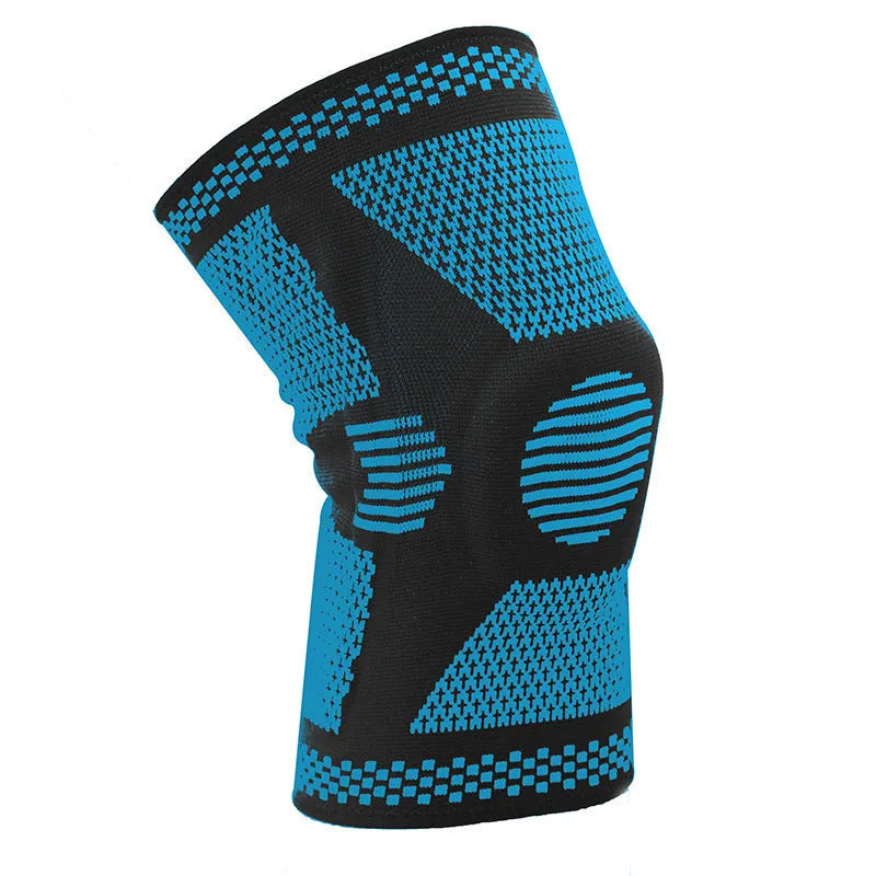 Green silicone spring knee pad for sports, showing polyamide construction and non-slip design on a leg.