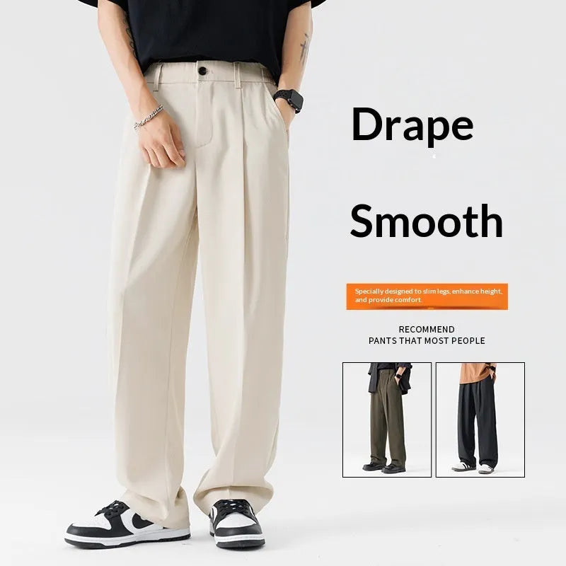 Men's fleece-lined casual trousers in solid colour, mid waist with zipper fly, Ice Silk fabric