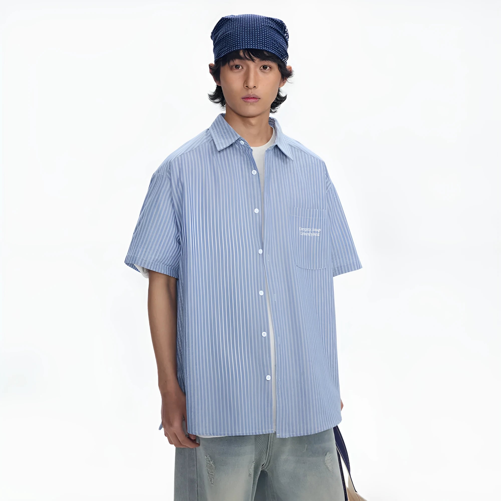Blue striped short-sleeved overall shirt with cardigan opening and cotton blend fabric