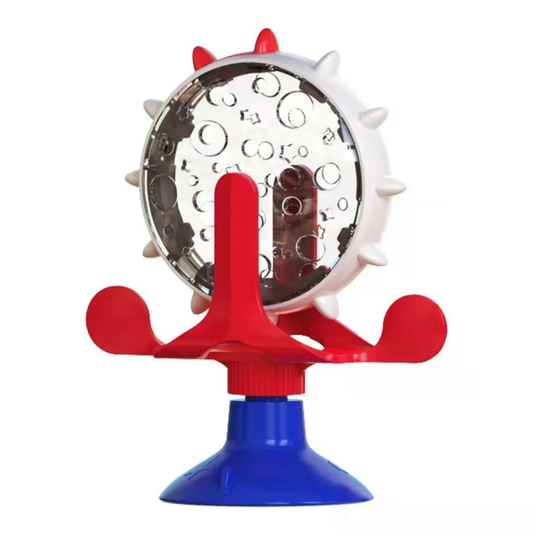 Interactive cat dog puzzle feeder toy with rotating spinner in blue green red yellow colours