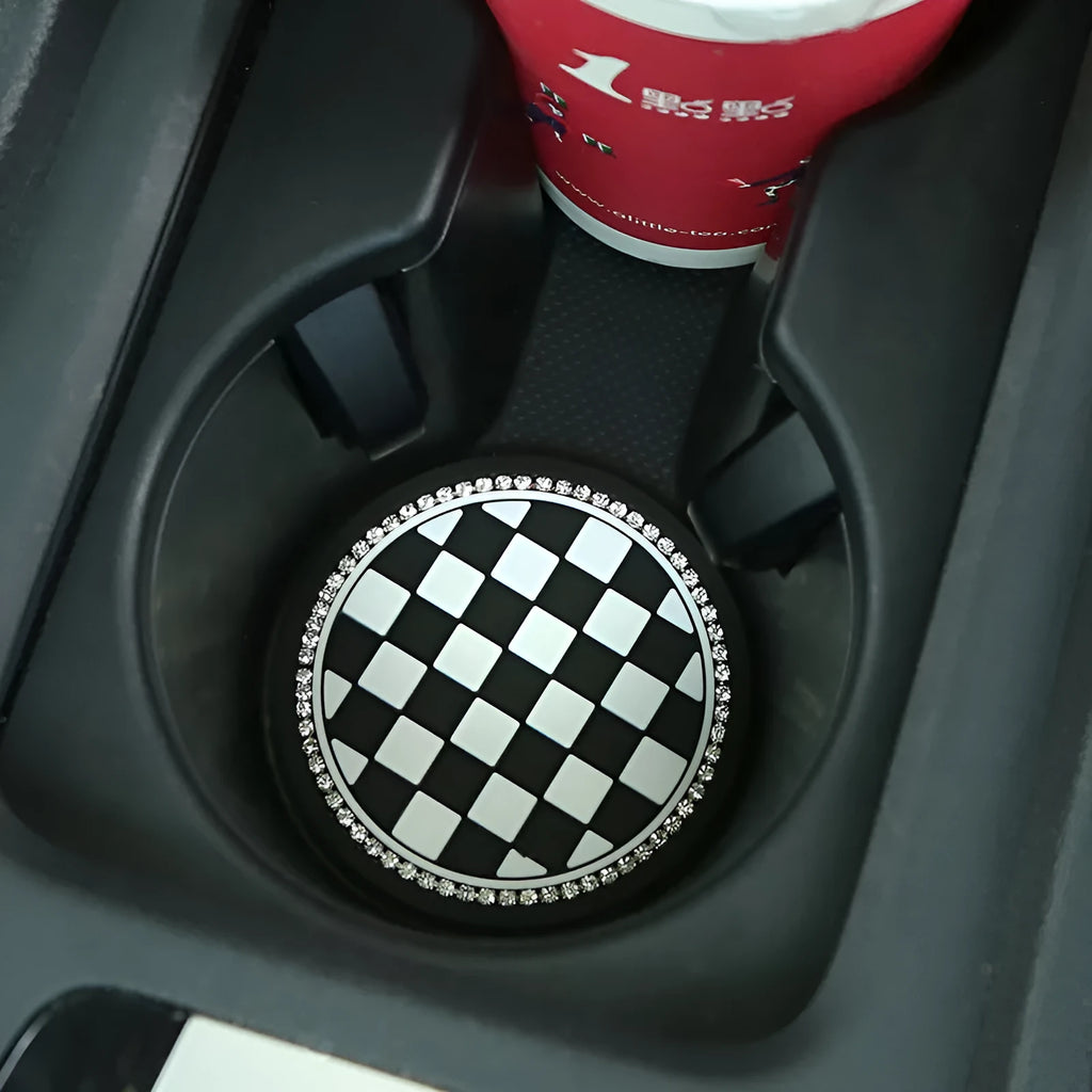 PVC plastic car cup mat coaster in black and white checkerboard pattern for car cupholder