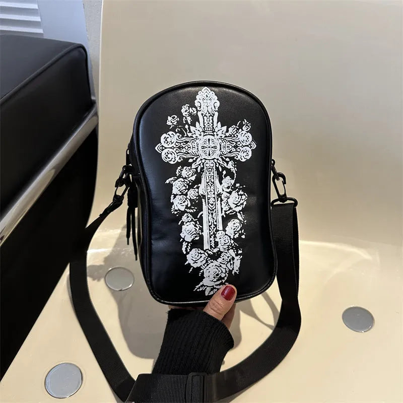 Black Halloween graffiti crossbody bag with pumpkin, ghost, and bat print