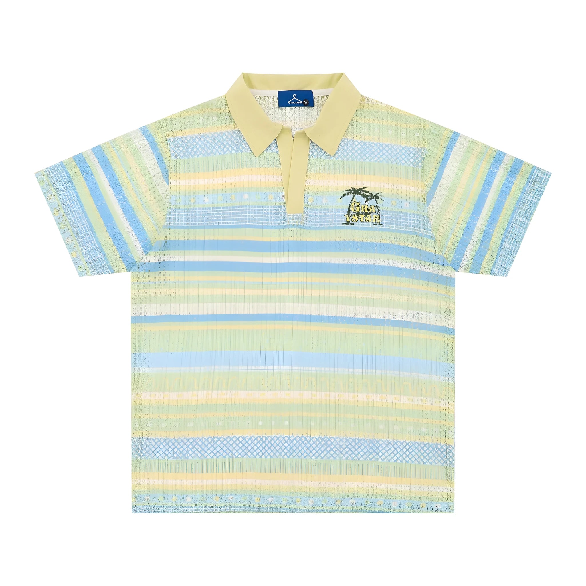 Men's loose fit printed short sleeve shirt in blue or yellow with elastic polyester fabric