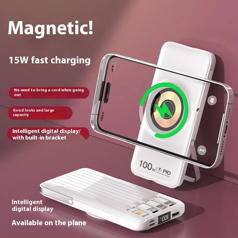 20000 MA power bank with built-in cable and fast charging, compact PVC shell in black