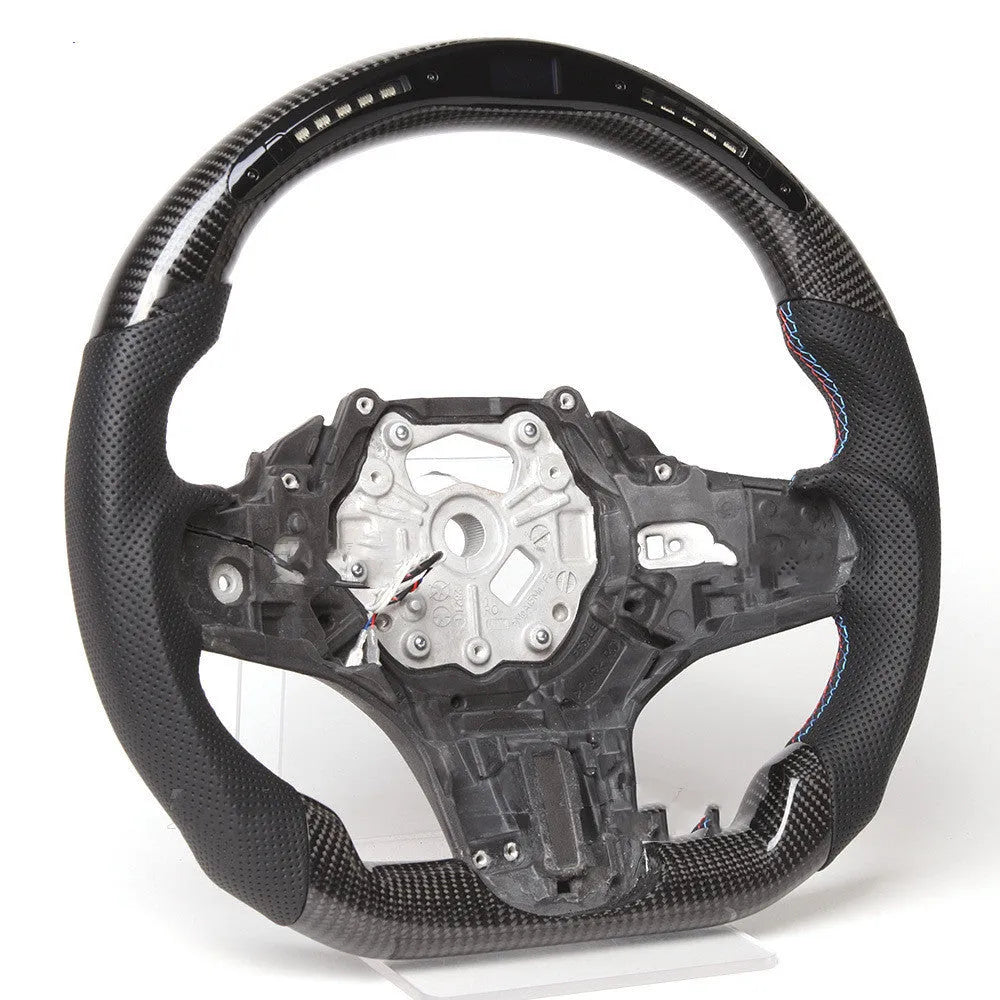 Black carbon fibre BMW steering wheel with LED display and heating controls