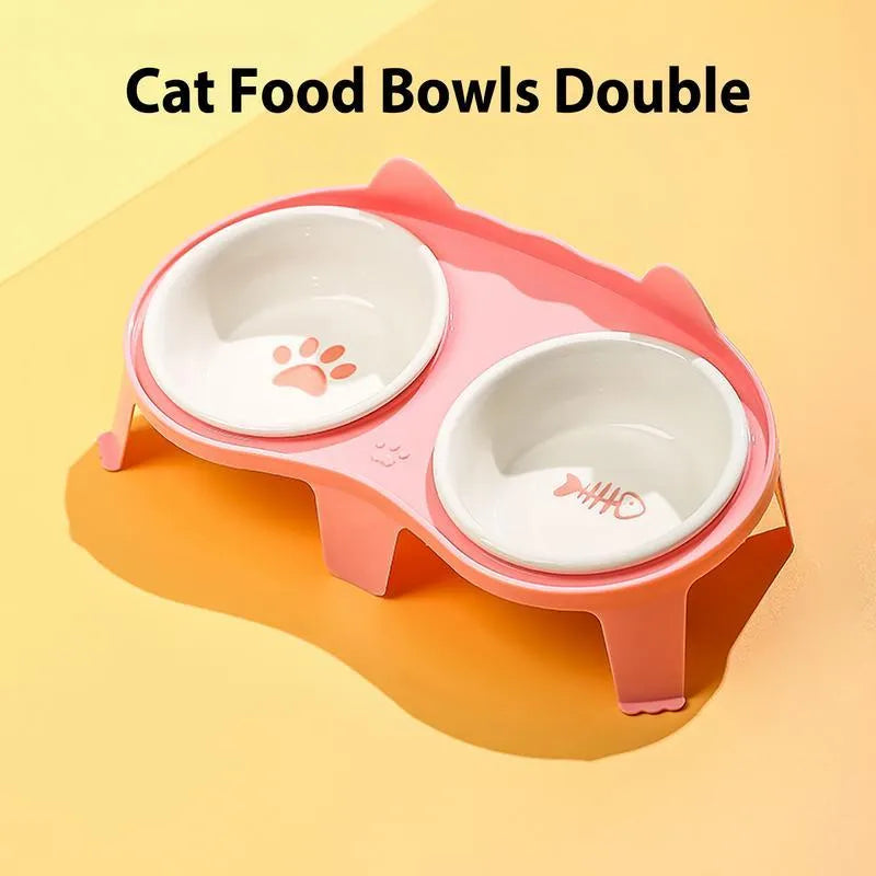 Ceramic cat food and water bowl set with elevated tilted stand in blue, pink, white or yellow