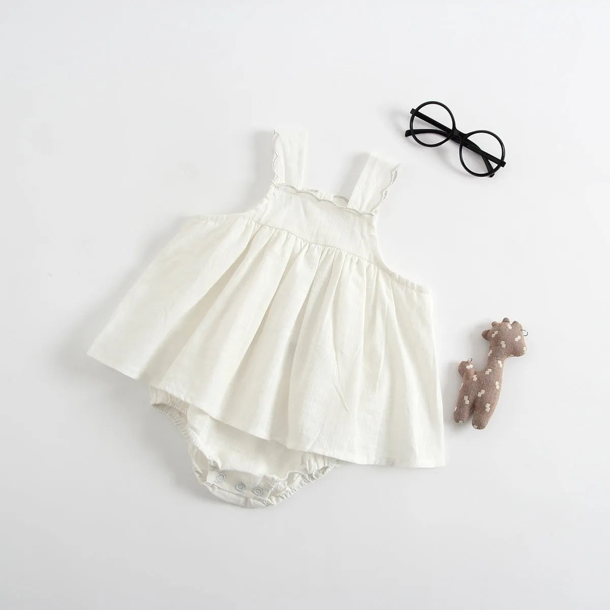 Baby romper princess dress jumpsuit in cotton, sleeveless, brown and white options for summer