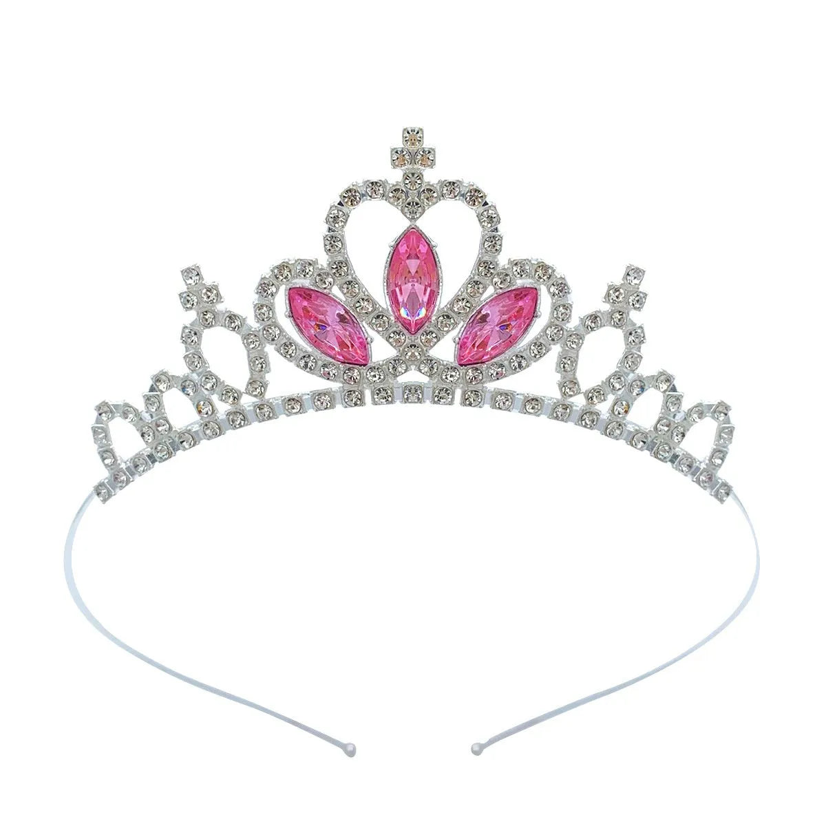 Gold and silver electroplated alloy princess crown headdress for girls with coloured diamond embellishments.