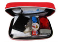 Red plastic survival medical kit emergency storage box with 18 first aid pieces including scissors and bandages