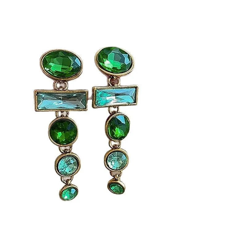 A pair of retro green gradient geometric earrings with tassels and inlaid zircon stones, Chinese-style design.