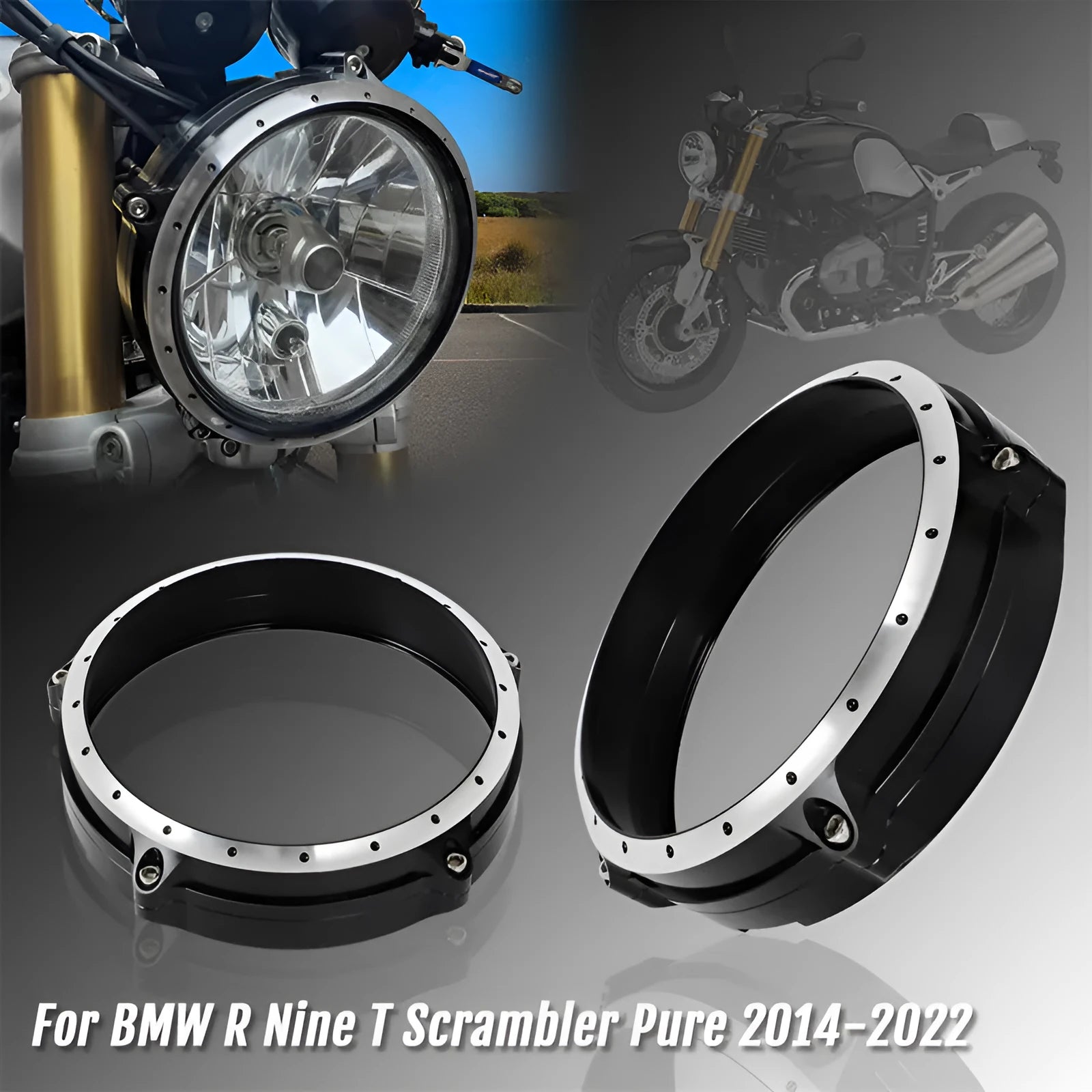 Black CNC aluminium headlight cover for BMW R NineT Scrambler motorcycle 2014-2017