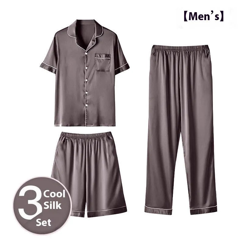 Men's thin ice silk three-piece home wear loungewear set in multiple colours, sizes up to 5XL.