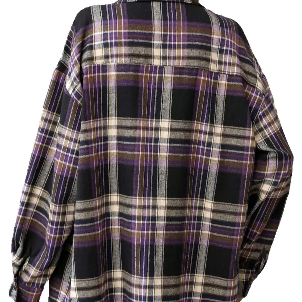 Women's casual cotton loose retro plaid shirt with long sleeves in black, green or purple
