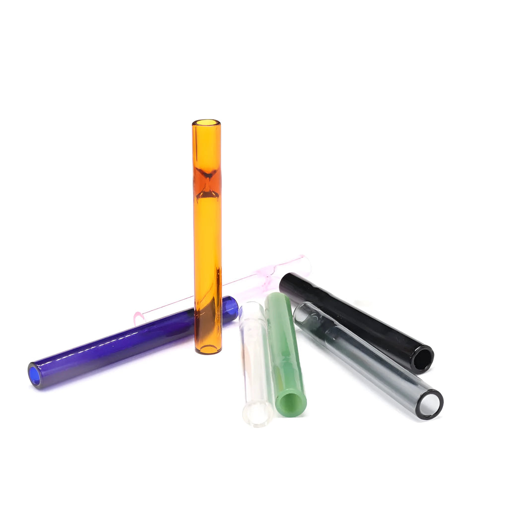 Clear telescopic glass smoke pipe with suction nozzle in colour mixing or pink finish