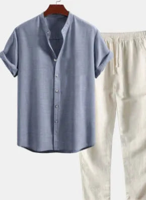 Men's casual loose fit polyester linen shirt and trousers suit in multiple colour options