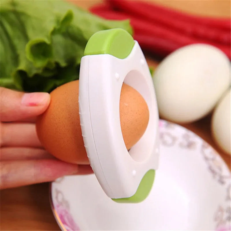 Kitchen egg topper gadget in blue with stainless steel cutting edge on suction card packaging