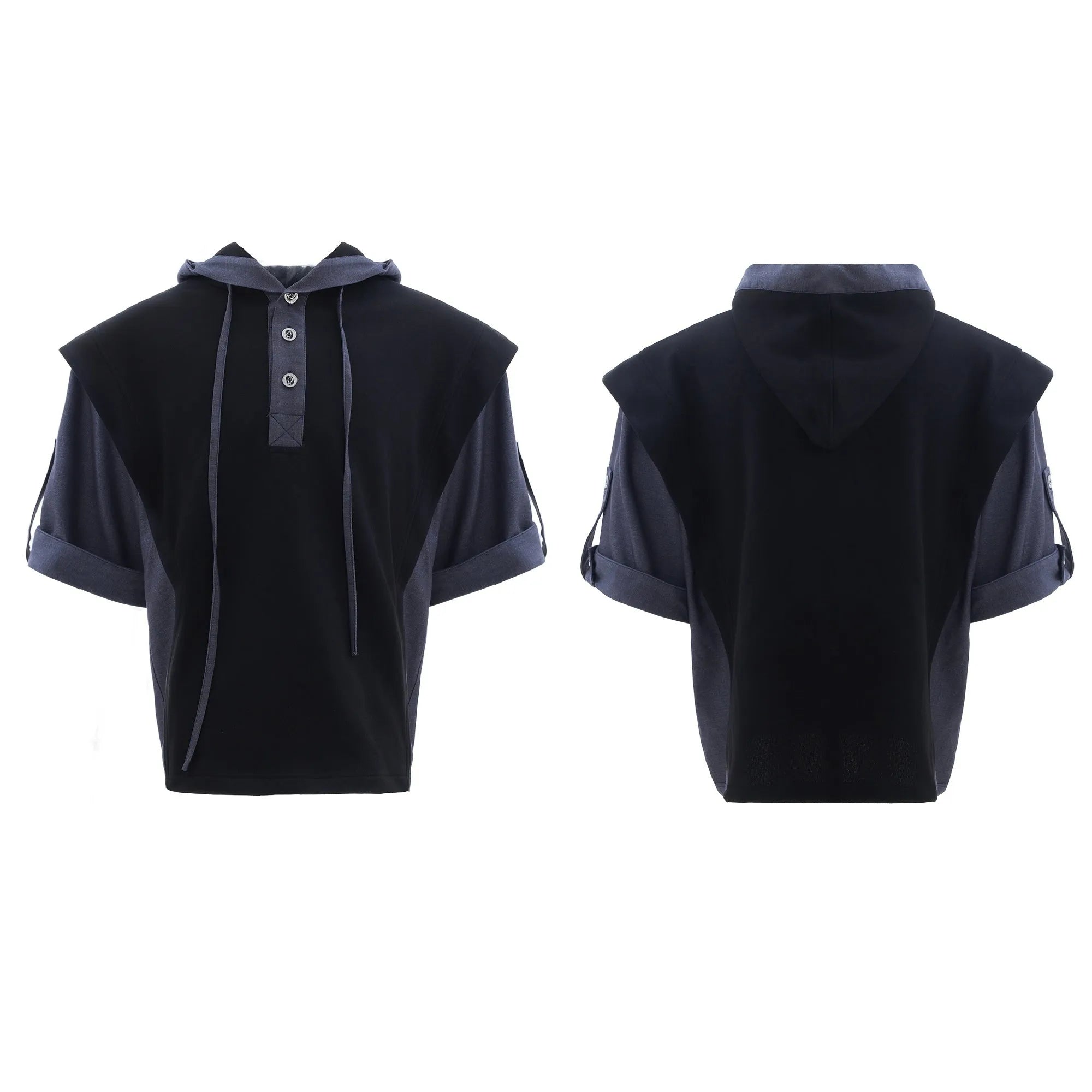 Men's black heavy industry style hooded jacket with three-dimensional stitching and matching grey joggers.