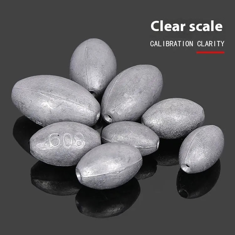 Rugby-shaped olive fishing lead sinker with scale tongxin and plastic core, weights from 10g to 150g.