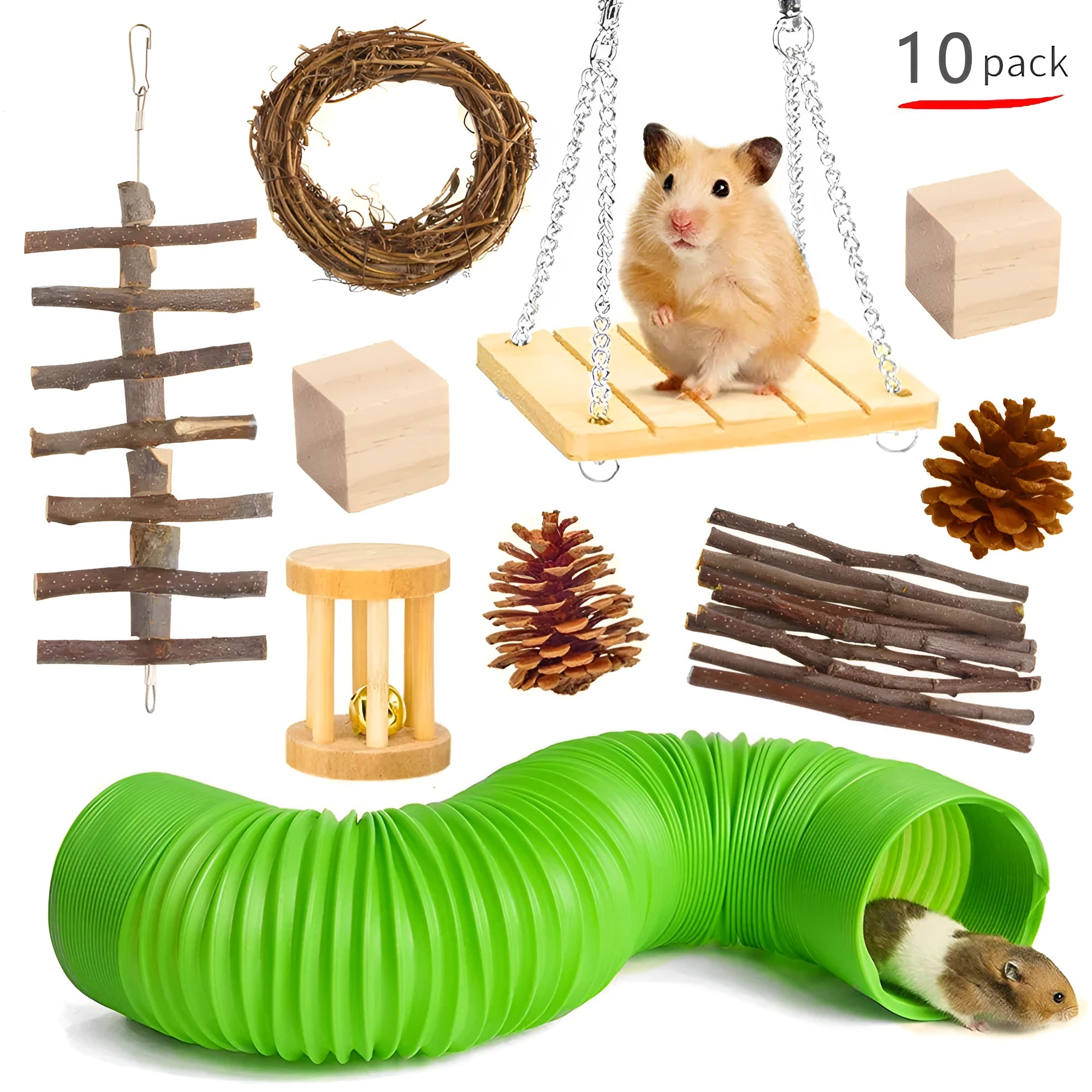 Wooden pet toy set with molar stick, straw mattress and woven balls for rabbits, guinea pigs and parrots