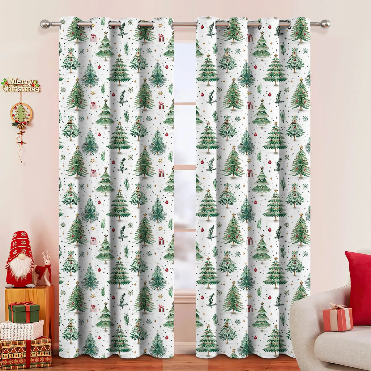 White polyester curtain with punched Christmas Forest tree pattern, showcasing its modern simplicity style and sunshade fabric.