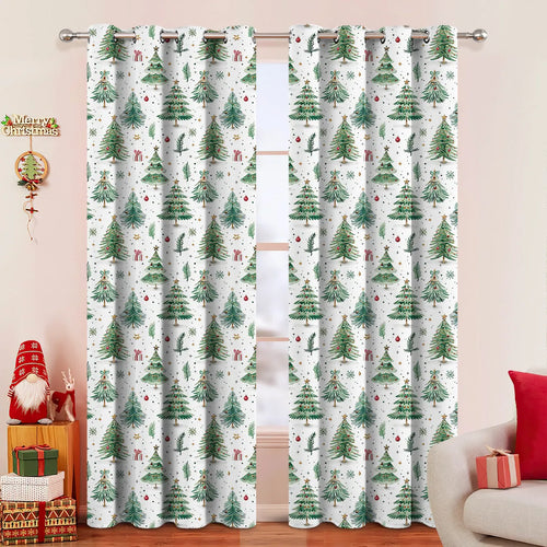 White polyester curtain with punched Christmas Forest tree pattern, showcasing its modern simplicity style and sunshade fabric.