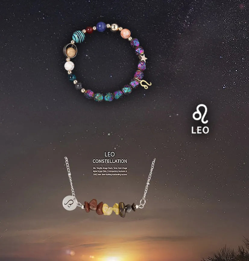 Natural stone necklace and bracelet set on display showing zodiac sign style options