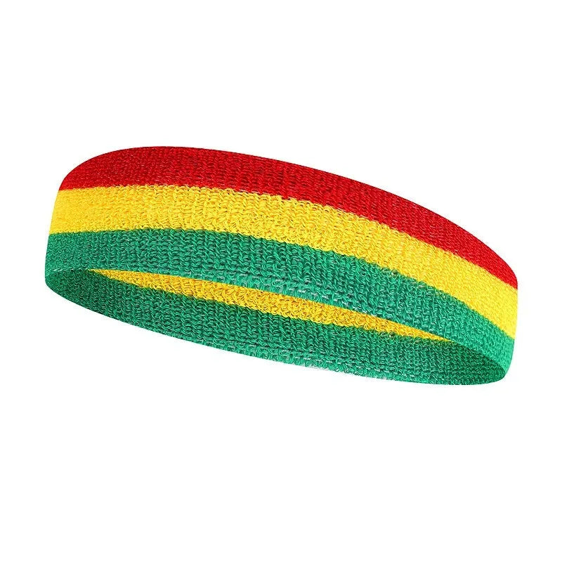 Multi-colour sports headband for adults shown in red, yellow and blue, with a size scale indicating 5.5 cm width.
