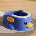 Blue PVC duck-shaped pet bath tub for washing dogs and cats on a bathroom floor.