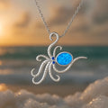 Silver geometric opal pendant necklace with Hawaiian octopus style on a stainless steel box chain.