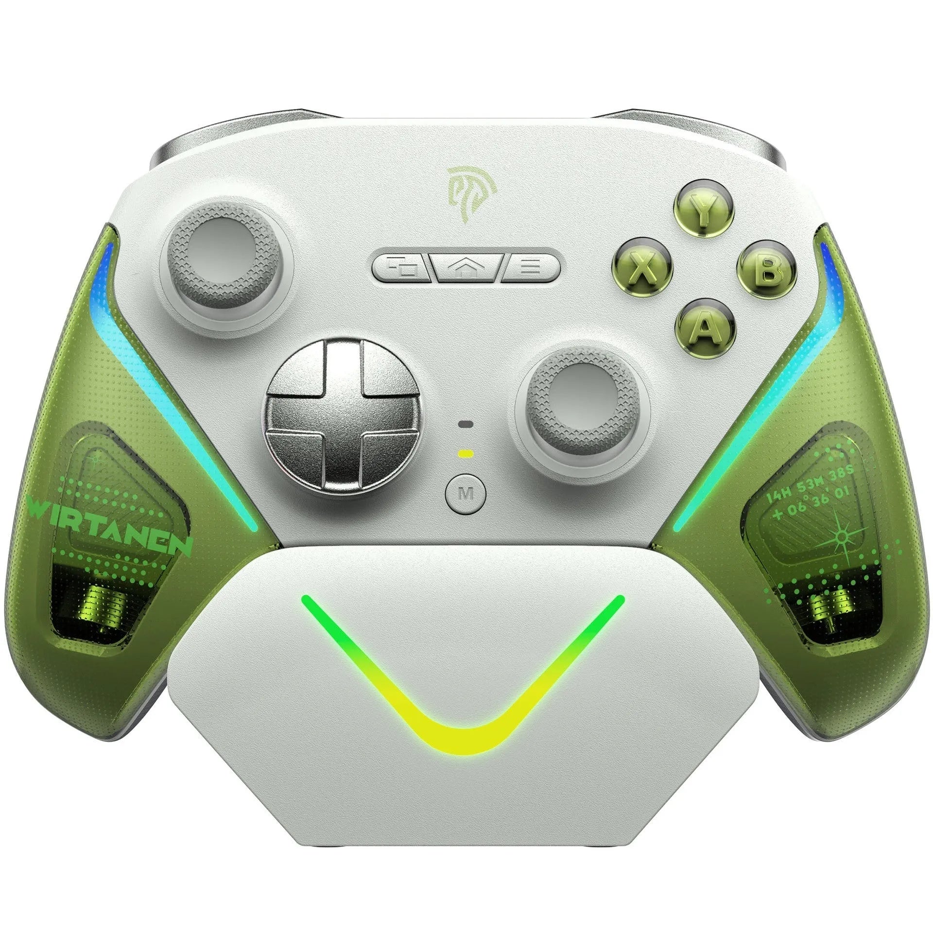 Rocker video game controller with charging dock in black, green, or purple, showing double-cut triggers and Type-C port.